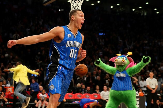 TORONTO, ON - FEBRUARY 13:  Aaron Gordon of the Orlando Magic celebrates after a dunk in the Verizon Slam Dunk Contest during NBA All-Star Weekend 2016 at Air Canada Centre on February 13, 2016 in Toronto, Canada. NOTE TO USER: User expressly acknowledges and agrees that, by downloading and/or using this Photograph, user is consenting to the terms and conditions of the Getty Images License Agreement.  (Photo by Elsa/Getty Images)