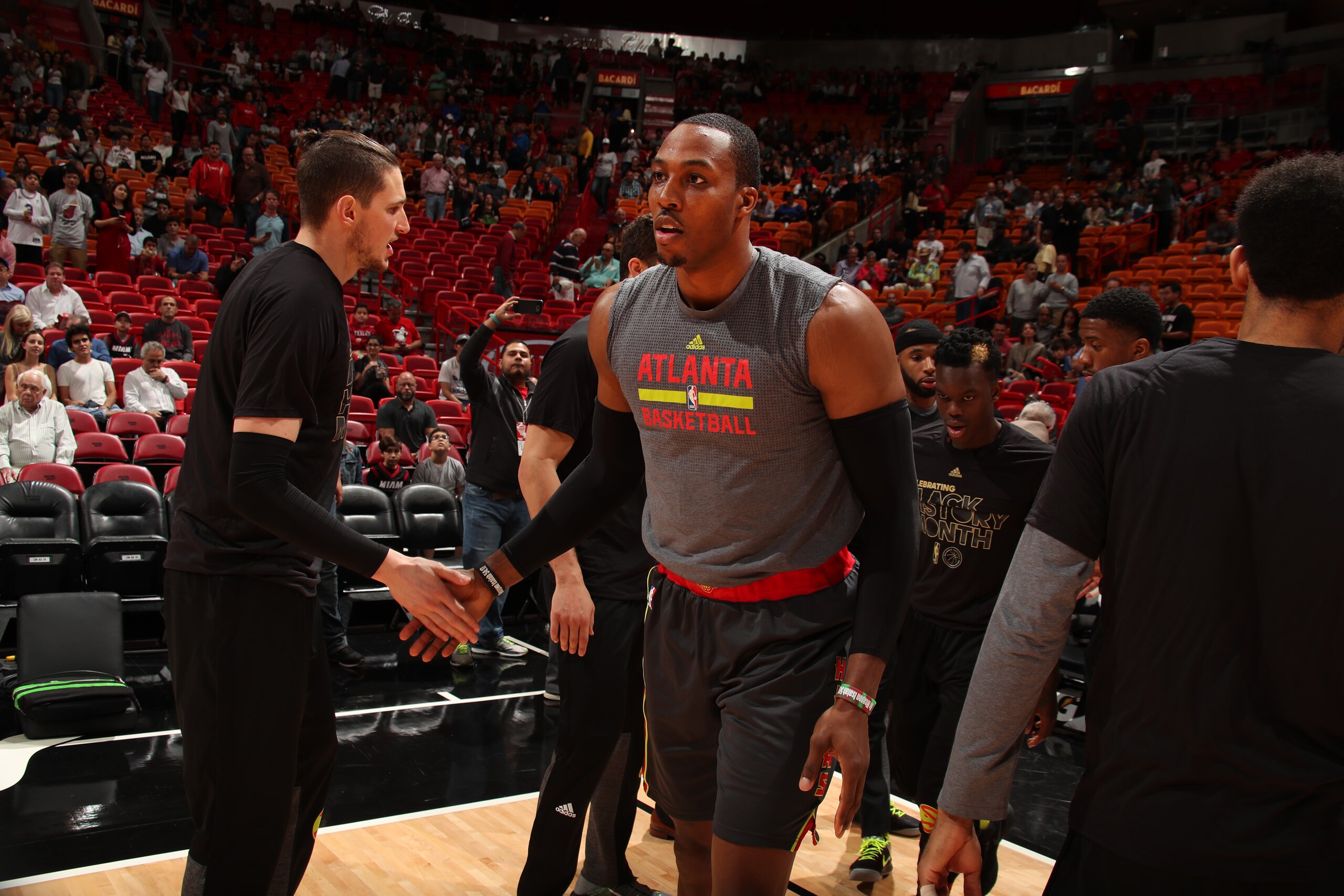 MIAMI, FL - FEBRUARY 1:  Dwight Howard #8 of the Atlanta Hawks is introduced before a game against the Miami Heat on February 1, 2017 at American Airlines Arena in Miami, Florida. NOTE TO USER: User expressly acknowledges and agrees that, by downloading and/or using this photograph, user is consenting to the terms and conditions of the Getty Images License Agreement. Mandatory Copyright Notice: Copyright 2017 NBAE (Photo by Issac Baldizon/NBAE via Getty Images)