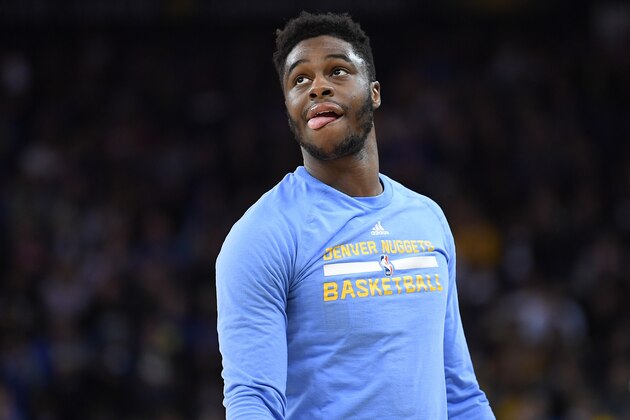 OAKLAND, CA - JANUARY 02:  Emmanuel Mudiay #0 of the Denver Nuggets looks on against the Golden State Warriors during an NBA basketball game at ORACLE Arena on January 2, 2017 in Oakland, California. NOTE TO USER: User expressly acknowledges and agrees that, by downloading and or using this photograph, User is consenting to the terms and conditions of the Getty Images License Agreement.  (Photo by Thearon W. Henderson/Getty Images)