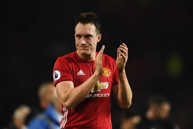 MANCHESTER, ENGLAND - JANUARY 15: Phil Jones of Manchester United applauds the crowd after the Premier League match between Manchester United and Liverpool at Old Trafford on January 15, 2017 in Manchester, England.  (Photo by Mike Hewitt/Getty Images)