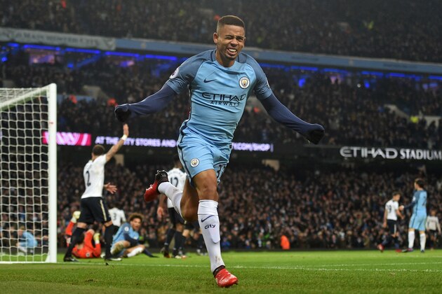 Manchester City's Brazilian striker Gabriel Jesus celebrates scoring his debut goal before realising he has been flagged for offside during the English Premier League football match between Manchester City and Tottenham Hotspur at the Etihad Stadium in Manchester, north west England, on January 21, 2017. / AFP / Paul ELLIS / RESTRICTED TO EDITORIAL USE. No use with unauthorized audio, video, data, fixture lists, club/league logos or 'live' services. Online in-match use limited to 75 images, no video emulation. No use in betting, games or single club/league/player publications.  /         (Photo credit should read PAUL ELLIS/AFP/Getty Images)
