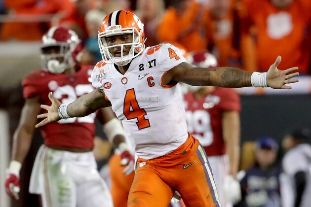 TAMPA, FL - JANUARY 09:  Quarterback Deshaun Watson #4 of the Clemson Tigers celebrates after throwing a 2-yard game-winning touchdown pass during the fourth quarter against the Alabama Crimson Tide to win the 2017 College Football Playoff National Championship Game 35-31 at Raymond James Stadium on January 9, 2017 in Tampa, Florida.  (Photo by Streeter Lecka/Getty Images)