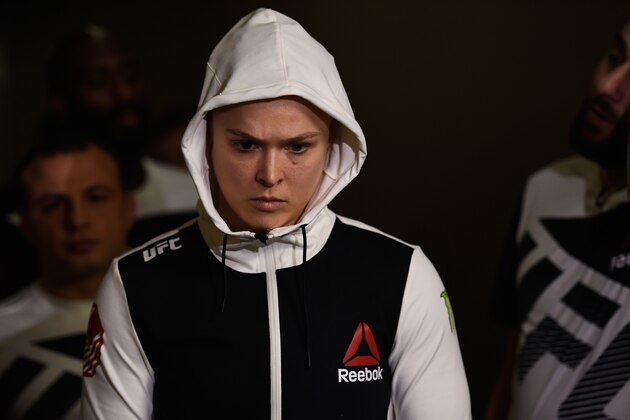 LAS VEGAS, NV - DECEMBER 30:  Ronda Rousey prepares to walk to the Octagon to face Amanda Nunes in their UFC bantamweight championship bout during the UFC 207 event at T-Mobile Arena on December 30, 2016 in Las Vegas, Nevada.  (Photo by Brandon Magnus/Zuffa LLC/Zuffa LLC via Getty Images)