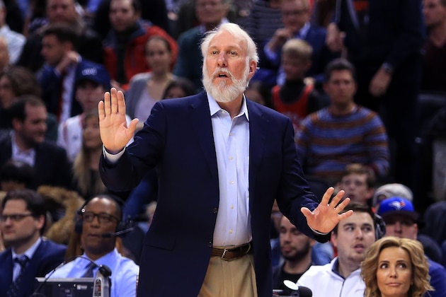 TORONTO, ON - JANUARY 24:  Head Coach Gregg Popovich of the San Antonio Spurs reacts during the second half of an NBA game against the Toronto Raptors at Air Canada Centre on January 24, 2017 in Toronto, Canada.  NOTE TO USER: User expressly acknowledges and agrees that, by downloading and or using this photograph, User is consenting to the terms and conditions of the Getty Images License Agreement.  (Photo by Vaughn Ridley/Getty Images)
