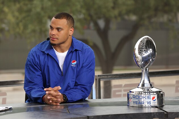 HOUSTON, TX - FEBRUARY 03:  Dallas Cowboys Quarterback Dak Prescott wins 2016 Pepsi Rookie of the Year award on February 3, 2017 in Houston, Texas.  (Photo by Joe Scarnici/Getty Images for Pepsi)