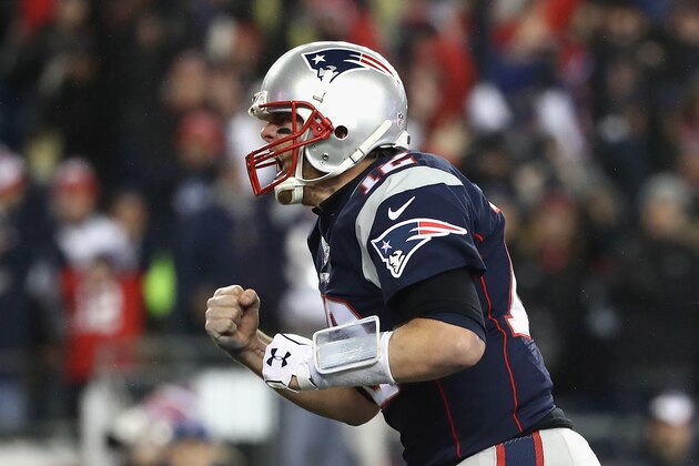 FOXBORO, MA - JANUARY 22:  Tom Brady #12 of the New England Patriots reacts during the second half against the Pittsburgh Steelers in the AFC Championship Game at Gillette Stadium on January 22, 2017 in Foxboro, Massachusetts.  (Photo by Elsa/Getty Images)