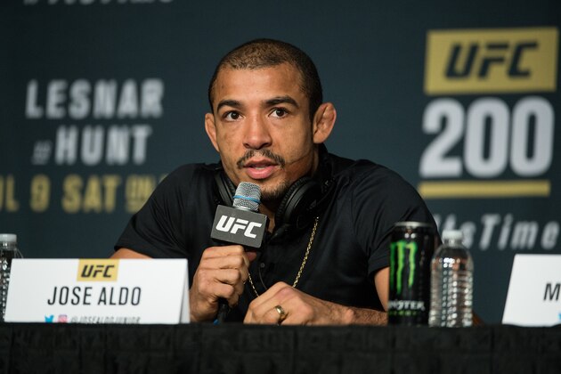LAS VEGAS, NV - JULY 06:  Jose Aldo speaks to the media during the UFC 200: Press Conference in KA Theater at MGM Grand Hotel & Casino on July 6, 2016 in Las Vegas, Nevada. (Photo by Brandon Magnus/Zuffa LLC/Zuffa LLC via Getty Images)