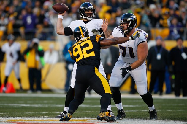 PITTSBURGH, PA - DECEMBER 25: Joe Flacco #5 of the Baltimore Ravens drops back to pass as Ricky Wagner #71 attempts to stop the rush of James Harrison #92 of the Pittsburgh Steelers in the first quarter during the game at Heinz Field on December 25, 2016 in Pittsburgh, Pennsylvania. (Photo by Justin K. Aller/Getty Images)