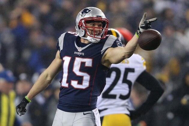 FOXBORO, MA - JANUARY 22:  Chris Hogan #15 of the New England Patriots reacts after making a reception during the first half against the Pittsburgh Steelers in the AFC Championship Game at Gillette Stadium on January 22, 2017 in Foxboro, Massachusetts.  (Photo by Maddie Meyer/Getty Images)