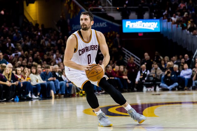 CLEVELAND, OH - JANUARY 27: Kevin Love #0 of the Cleveland Cavaliers stops to shoot a three point shot during the first half against the Brooklyn Nets at Quicken Loans Arena on January 27, 2017 in Cleveland, Ohio. NOTE TO USER: User expressly acknowledges and agrees that, by downloading and/or using this photograph, user is consenting to the terms and conditions of the Getty Images License Agreement. Mandatory copyright notice. (Photo by Jason Miller/Getty Images)