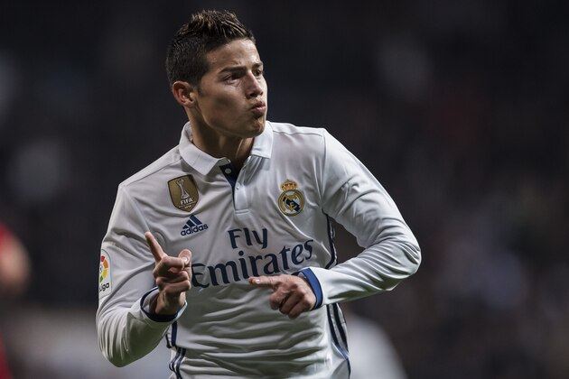 MADRID, SPAIN - JANUARY 04: James Rodriguez of Real Madrid celebrates after scoring during their Copa del Rey Round of 16 match between Real Madrid and Sevilla FC at the Santiago Bernabeu Stadium on 04 January 2017 in Madrid, Spain. (Photo by Power Sport Images/Getty Images)