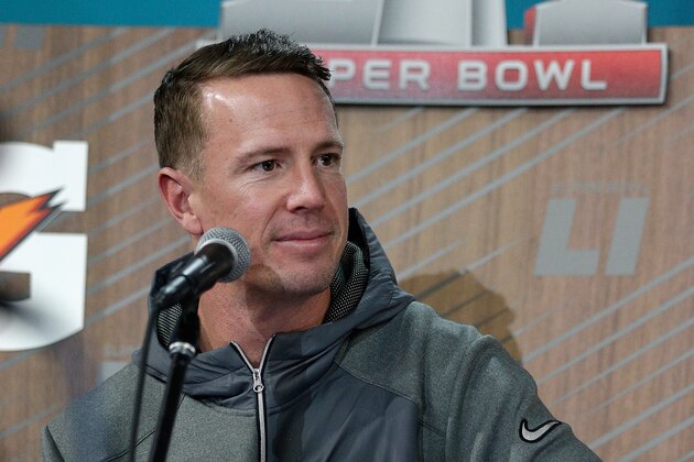HOUSTON, TX - JANUARY 30:  Matt Ryan #2 of the Atlanta Falcons speaks with the media during Super Bowl 51 Opening Night at Minute Maid Park on January 30, 2017 in Houston, Texas.  (Photo by Bob Levey/Getty Images)