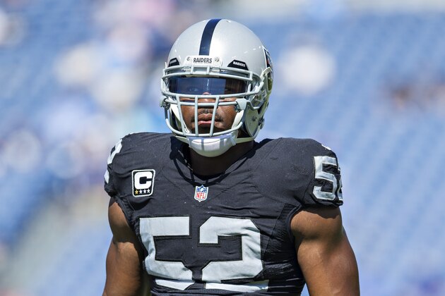 NASHVILLE, TN - SEPTEMBER 25:  Khalil Mack #52 of the Oakland Raiders warming up before a game against the Tennessee Titans at Nissan Stadium on September 25, 2016 in Nashville, Tennessee.  The Raiders defeated the Titans 17-10.  (Photo by Wesley Hitt/Getty Images)