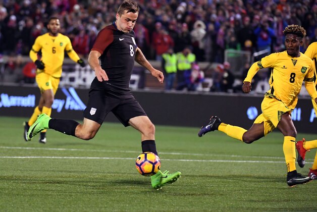 Feb 3, 2017; Chattanooga, TN, USA; United States forward Jordan Morris (8) attempts to score during the first half against Jamaica at Finley Stadium. Mandatory Credit: Christopher Hanewinckel-USA TODAY Sports