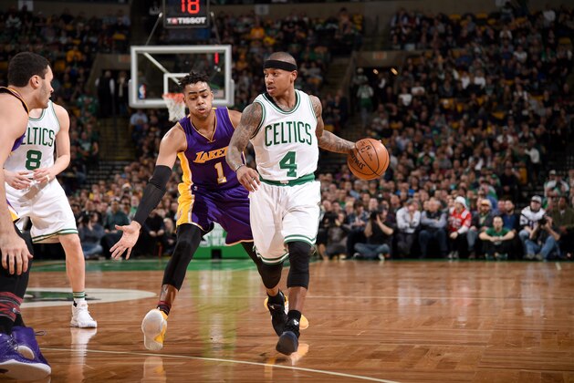 BOSTON, MA - FEBRUARY 3:  Isaiah Thomas #4 of the Boston Celtics handles the ball against the Los Angeles Lakers on February 3, 2017 at the TD Garden in Boston, Massachusetts.  NOTE TO USER: User expressly acknowledges and agrees that, by downloading and or using this photograph, User is consenting to the terms and conditions of the Getty Images License Agreement. Mandatory Copyright Notice: Copyright 2017 NBAE  (Photo by Brian Babineau/NBAE via Getty Images)