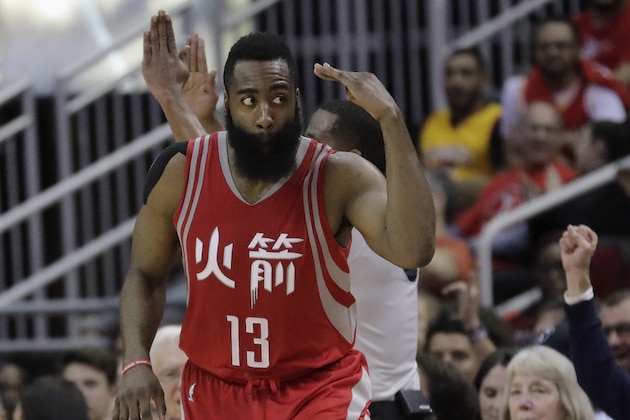 HOUSTON, TX - FEBRUARY 03:  James Harden #13 of the Houston Rockets celebrates after a three point shot in the first half against the Chicago Bulls at Toyota Center on February 3, 2017 in Houston, Texas. NOTE TO USER: User expressly acknowledges and agrees that, by downloading and or using this photograph, User is consenting to the terms and conditions of the Getty Images License Agreement.  (Photo by Tim Warner/Getty Images)