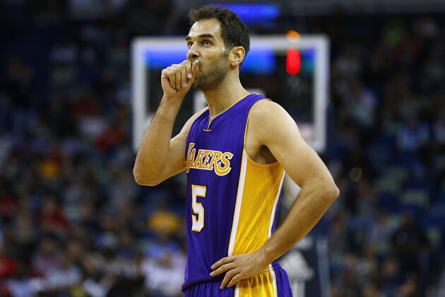 NEW ORLEANS, LA - NOVEMBER 29: Jose Calderon #5 of the Los Angeles Lakers reacts during the first half of a game against the New Orleans Pelicans at the Smoothie King Center on November 29, 2016 in New Orleans, Louisiana. NOTE TO USER: User expressly acknowledges and agrees that, by downloading and or using this photograph, User is consenting to the terms and conditions of the Getty Images License Agreement.  (Photo by Jonathan Bachman/Getty Images)