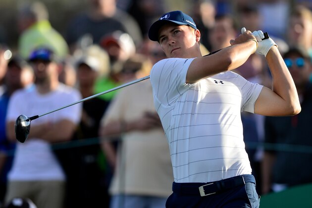 SCOTTSDALE, AZ - FEBRUARY 03:  Jordan Spieth plays his tee shot on the 18th hole during the second round of the Waste Management Phoenix Open at TPC Scottsdale on February 3, 2017 in Scottsdale, Arizona.  (Photo by Jared C. Tilton/Getty Images)