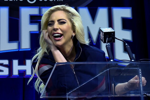 Lady Gaga meets with the press during the Super Bowl LI Pepsi Zero Sugar Halftime Show Press Conference at the George R. Brown Convention Center February 2, 2017 in Houston, Texas. / AFP / TIMOTHY A. CLARY        (Photo credit should read TIMOTHY A. CLARY/AFP/Getty Images)