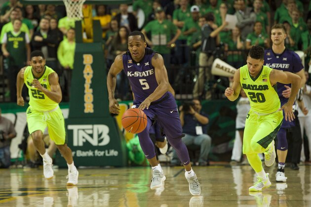 WACO, TX - FEBRUARY 4: Barry Brown #5 of the Kansas State Wildcats takes the ball on a fast break after a steal against the Baylor Bears on February 4, 2017 at the Ferrell Center in Waco, Texas.  (Photo by Cooper Neill/Getty Images)