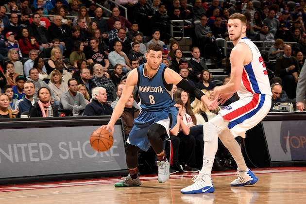 AUBURN HILLS, MI - FEBRUARY 3: Zach LaVine #8 of the Minnesota Timberwolves handles the ball against the Detroit Pistons on February 3, 2017 at The Palace of Auburn Hills in Auburn Hills, Michigan. NOTE TO USER: User expressly acknowledges and agrees that, by downloading and/or using this photograph, User is consenting to the terms and conditions of the Getty Images License Agreement. Mandatory Copyright Notice: Copyright 2017 NBAE (Photo by Chris Schwegler/NBAE via Getty Images)