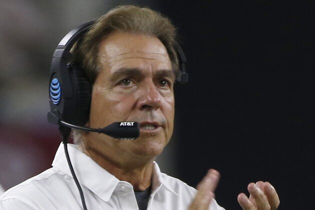 ARLINGTON, TX - SEPTEMBER 3: Head coach Nick Saban of the Alabama Crimson Tide applauds from the sideline as the Alabama Crimson Tide take on the USC Trojans in the second half during the AdvoCare Classic at AT&T Stadium on September 3, 2016 in Arlington, Texas. (Photo by Ron Jenkins/Getty Images)