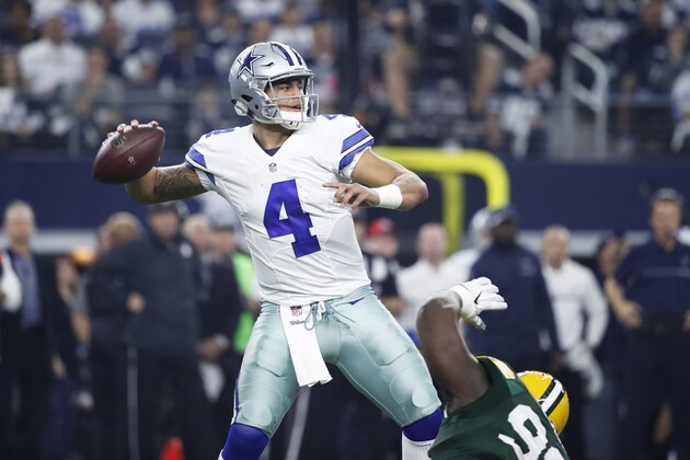 ARLINGTON, TX - JANUARY 15: Dak Prescott #4 of the Dallas Cowboys looks to pass during the NFC Divisional Playoff game against the Green Bay Packers at AT&T Stadium on January 15, 2017 in Arlington, Texas. The Packers defeated the Cowboys 34-31. (Photo by Joe Robbins/Getty Images)