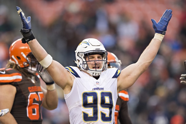 CLEVELAND, OH - DECEMBER 24:  Joey Bosa #99 of the San Diego Chargers celebrates after a big play during a game against the Cleveland Browns at FirstEnergy Stadium on December 24, 2016 in Cleveland, Ohio.  The Browns defeated the Chargers 20-17.  (Photo by Wesley Hitt/Getty Images)