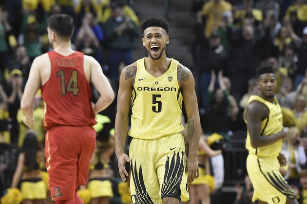 EUGENE, OR - FEBRUARY 04: Tyler Dorsey #5 of the Oregon Ducks celebrates after hitting a shot during the first half of the game against the Arizona Wildcatsat Matthew Knight Arena on February 4, 2017 in Eugene, Oregon.  (Photo by Steve Dykes/Getty Images)