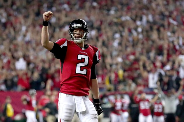ATLANTA, GA - JANUARY 22:  Matt Ryan #2 of the Atlanta Falcons reacts after a touchdown in the fourth quarter against the Green Bay Packers in the NFC Championship Game at the Georgia Dome on January 22, 2017 in Atlanta, Georgia.  (Photo by Tom Pennington/Getty Images)