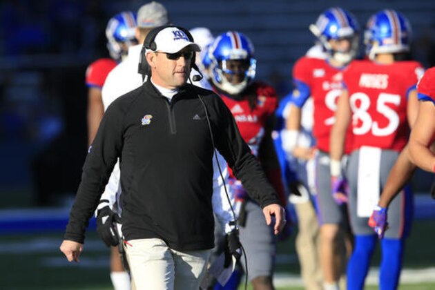 Kansas head coach David Beaty during the first half of an NCAA college football game against Texas in Lawrence, Kan., Saturday, Nov. 19, 2016. (AP Photo/Orlin Wagner)