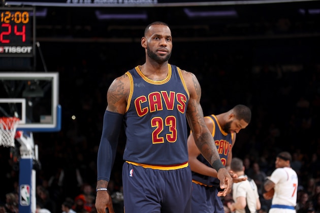 NEW YORK, NY - FEBRUARY 4:  LeBron James #23 of the Cleveland Cavaliers looks on before the game against the New York Knicks on February 4, 2017 at Madison Square Garden in New York City, New York.  NOTE TO USER: User expressly acknowledges and agrees that, by downloading and or using this photograph, User is consenting to the terms and conditions of the Getty Images License Agreement. Mandatory Copyright Notice: Copyright 2017 NBAE  (Photo by Nathaniel S. Butler/NBAE via Getty Images)