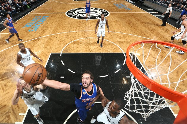 BROOKLYN, NY - FEBRUARY 1:  Joakim Noah #13 of the New York Knicks shoots the ball against the Brooklyn Nets during the game on February 1, 2017 at Barclays Center in Brooklyn, New York. NOTE TO USER: User expressly acknowledges and agrees that, by downloading and or using this Photograph, user is consenting to the terms and conditions of the Getty Images License Agreement. Mandatory Copyright Notice: Copyright 2017 NBAE (Photo by Nathaniel S. Butler/NBAE via Getty Images)