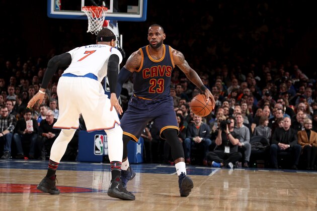 NEW YORK, NY - FEBRUARY 4:  LeBron James #23 of the Cleveland Cavaliers handles the ball against the New York Knicks on February 4, 2017 at Madison Square Garden in New York City, New York.  NOTE TO USER: User expressly acknowledges and agrees that, by downloading and or using this photograph, User is consenting to the terms and conditions of the Getty Images License Agreement. Mandatory Copyright Notice: Copyright 2017 NBAE  (Photo by Nathaniel S. Butler/NBAE via Getty Images)