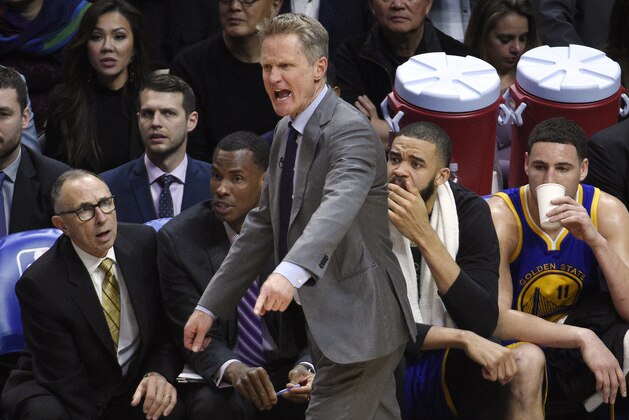 LOS ANGELES, CA - FEBRUARY 2: Head coach Steve Kerr of the Golden State Warriors reacts from the bench during second half of the basketball game against Los Angeles Clippers at Staples Center February 2 2017, in Los Angeles, California. NOTE TO USER: User expressly acknowledges and agrees that, by downloading and or using this photograph, User is consenting to the terms and conditions of the Getty Images License Agreement. (Photo by Kevork Djansezian/Getty Images)