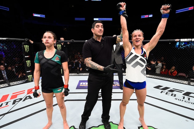 HOUSTON, TX - FEBRUARY 04:  (R-L) Felice Herrig celebrates her victory over Alexa Grasso of Mexico in their women's strawweight bout during the UFC Fight Night event at the Toyota Center on February 4, 2017 in Houston, Texas. (Photo by Jeff Bottari/Zuffa LLC/Zuffa LLC via Getty Images)