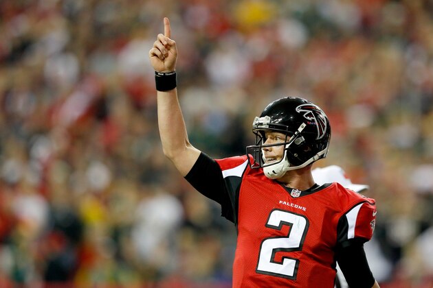 ATLANTA, GA - JANUARY 22:  Matt Ryan #2 of the Atlanta Falcons signals for a review after a pass in the third quarter that resulted in a touchdown against the Green Bay Packers in the NFC Championship Game at the Georgia Dome on January 22, 2017 in Atlanta, Georgia.  (Photo by Kevin C. Cox/Getty Images)