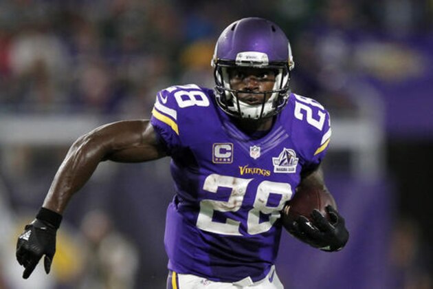 FILE - In this Sept. 18, 2016, file photo, Minnesota Vikings running back Adrian Peterson carries the ball during the first half of an NFL football game against the Green Bay Packers, in Minneapolis. Peterson is returning to practice this week for the Vikings for the first time since tearing the meniscus in his right knee in September. Coach Mike Zimmer says he expects Peterson to practice all week. He is not sure if his star running back will be available to play the Indianapolis Colts this weekend. (AP Photo/Andy Clayton-King, File)