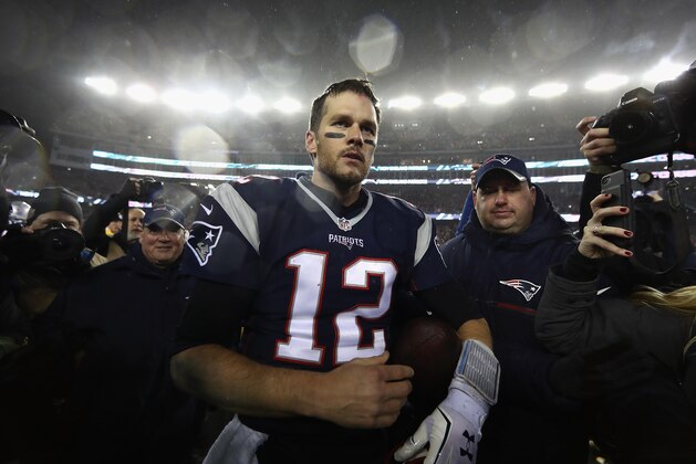 FOXBORO, MA - JANUARY 22:  Tom Brady #12 of the New England Patriots reacts after defeating the Pittsburgh Steelers 36-17 to win the AFC Championship Game at Gillette Stadium on January 22, 2017 in Foxboro, Massachusetts.  (Photo by Elsa/Getty Images)