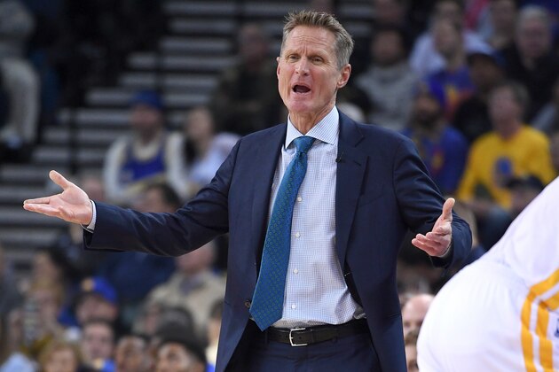 OAKLAND, CA - JANUARY 04:  Head coach Steve Kerr of the Golden State Warriors reacts to a call by the referees during an NBA basketball game against the Portland Trail Blazers at ORACLE Arena on January 2, 2017 in Oakland, California. NOTE TO USER: User expressly acknowledges and agrees that, by downloading and or using this photograph, User is consenting to the terms and conditions of the Getty Images License Agreement.  (Photo by Thearon W. Henderson/Getty Images)