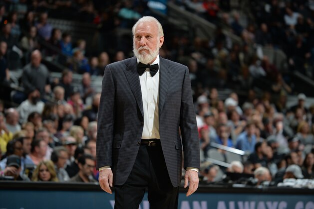 SAN ANTONIO, TX - JANUARY 29: Head Coach Gregg Popovich of the San Antonio Spurs is seen during the game against the Dallas Mavericks on January 29, 2017 at the AT&T Center in San Antonio, Texas. NOTE TO USER: User expressly acknowledges and agrees that, by downloading and or using this photograph, user is consenting to the terms and conditions of the Getty Images License Agreement. Mandatory Copyright Notice: Copyright 2017 NBAE (Photos by Mark Sobhani/NBAE via Getty Images)