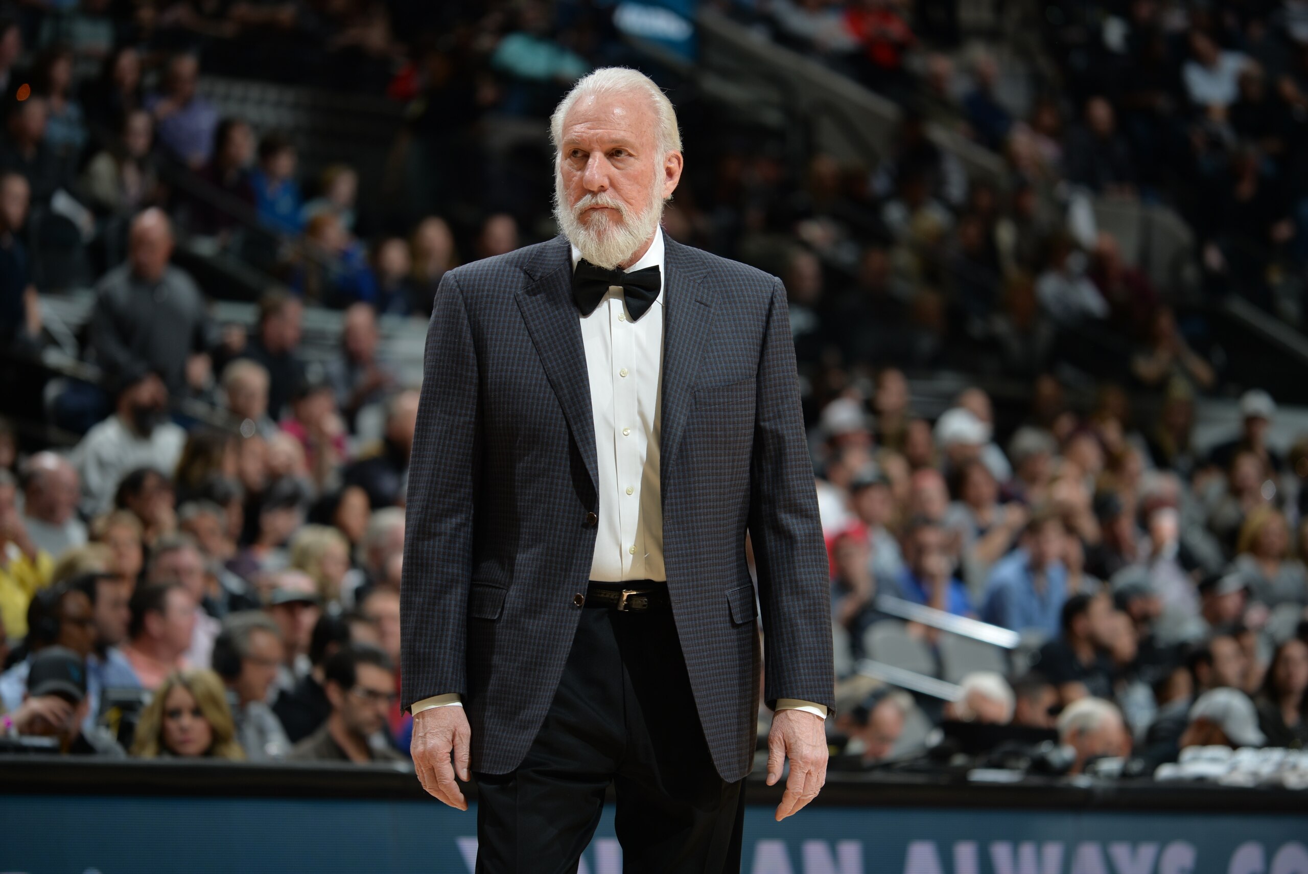 SAN ANTONIO, TX - JANUARY 29: Head Coach Gregg Popovich of the San Antonio Spurs is seen during the game against the Dallas Mavericks on January 29, 2017 at the AT&T Center in San Antonio, Texas. NOTE TO USER: User expressly acknowledges and agrees that, by downloading and or using this photograph, user is consenting to the terms and conditions of the Getty Images License Agreement. Mandatory Copyright Notice: Copyright 2017 NBAE (Photos by Mark Sobhani/NBAE via Getty Images)