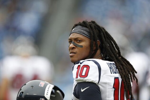 Houston Texans wide receiver DeAndre Hopkins warms up before an NFL football game against the Tennessee Titans Sunday, Jan. 1, 2017, in Nashville, Tenn. (AP Photo/Weston Kenney)