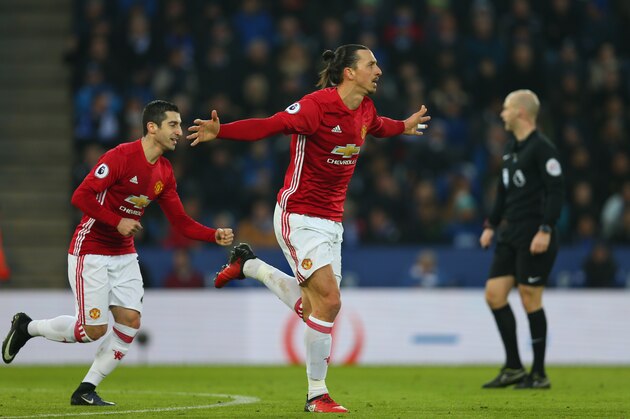 LEICESTER, ENGLAND - FEBRUARY 05: Zlatan Ibrahimovic of Manchester United celebrates after he scores to make it 0-2 during the Premier League match between Leicester City and Manchester United at The King Power Stadium on February 5, 2017 in Leicester, England. (Photo by Catherine Ivill - AMA/Getty Images)