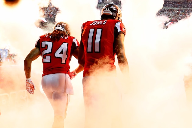 ATLANTA, GA - JANUARY 22:  Running back Devonta Freeman #24 and wide receiver Julio Jones #11 of the Atlanta Falcons walk out to take on the Green Bay Packers in the NFC Championship Game at the Georgia Dome on January 22, 2017 in Atlanta, Georgia.  (Photo by Kevin C. Cox/Getty Images)