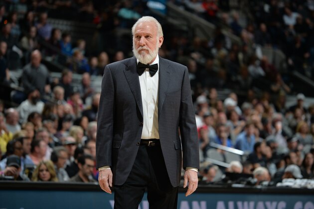 SAN ANTONIO, TX - JANUARY 29: Head Coach Gregg Popovich of the San Antonio Spurs is seen during the game against the Dallas Mavericks on January 29, 2017 at the AT&T Center in San Antonio, Texas. NOTE TO USER: User expressly acknowledges and agrees that, by downloading and or using this photograph, user is consenting to the terms and conditions of the Getty Images License Agreement. Mandatory Copyright Notice: Copyright 2017 NBAE (Photos by Mark Sobhani/NBAE via Getty Images)