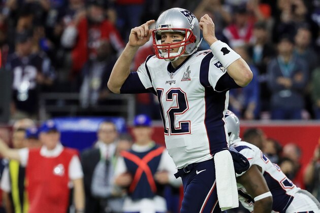 HOUSTON, TX - FEBRUARY 05:  Tom Brady #12 of the New England Patriots gestures in the first quarter against the Atlanta Falcons during Super Bowl 51 at NRG Stadium on February 5, 2017 in Houston, Texas.  (Photo by Mike Ehrmann/Getty Images)