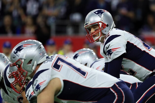 HOUSTON, TX - FEBRUARY 05:  Tom Brady #12 of the New England Patriots stands at the line of scrimmage in the first quarter against the Atlanta Falcons during Super Bowl 51 at NRG Stadium on February 5, 2017 in Houston, Texas.  (Photo by Mike Ehrmann/Getty Images)