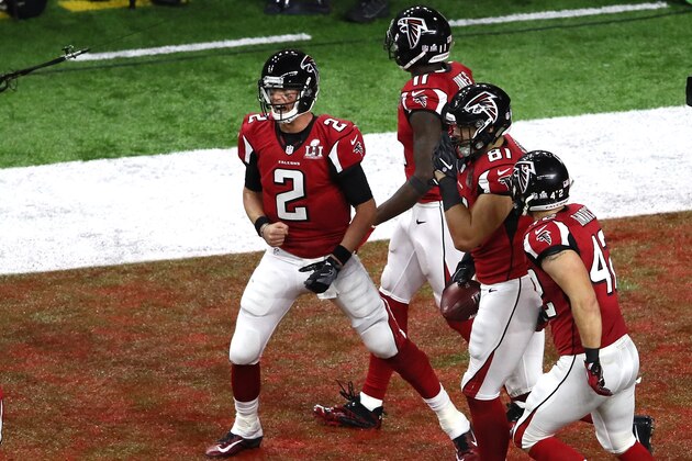 HOUSTON, TX - FEBRUARY 05: Matt Ryan #2 of the Atlanta Falcons celebrates after a 19 yard touchdown pass in the second quarter against the New England Patriots during Super Bowl 51 at NRG Stadium on February 5, 2017 in Houston, Texas.  (Photo by Ezra Shaw/Getty Images)
