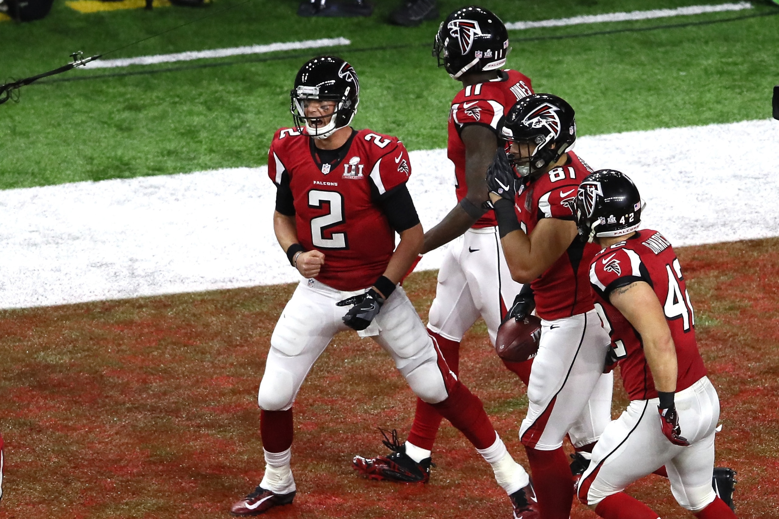 HOUSTON, TX - FEBRUARY 05: Matt Ryan #2 of the Atlanta Falcons celebrates after a 19 yard touchdown pass in the second quarter against the New England Patriots during Super Bowl 51 at NRG Stadium on February 5, 2017 in Houston, Texas.  (Photo by Ezra Shaw/Getty Images)
